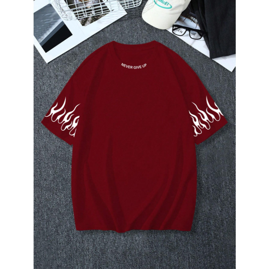 Camiseta Mangas Fogo Maculina Estampada Streetwear Grande Never Give Up Premium Blusao