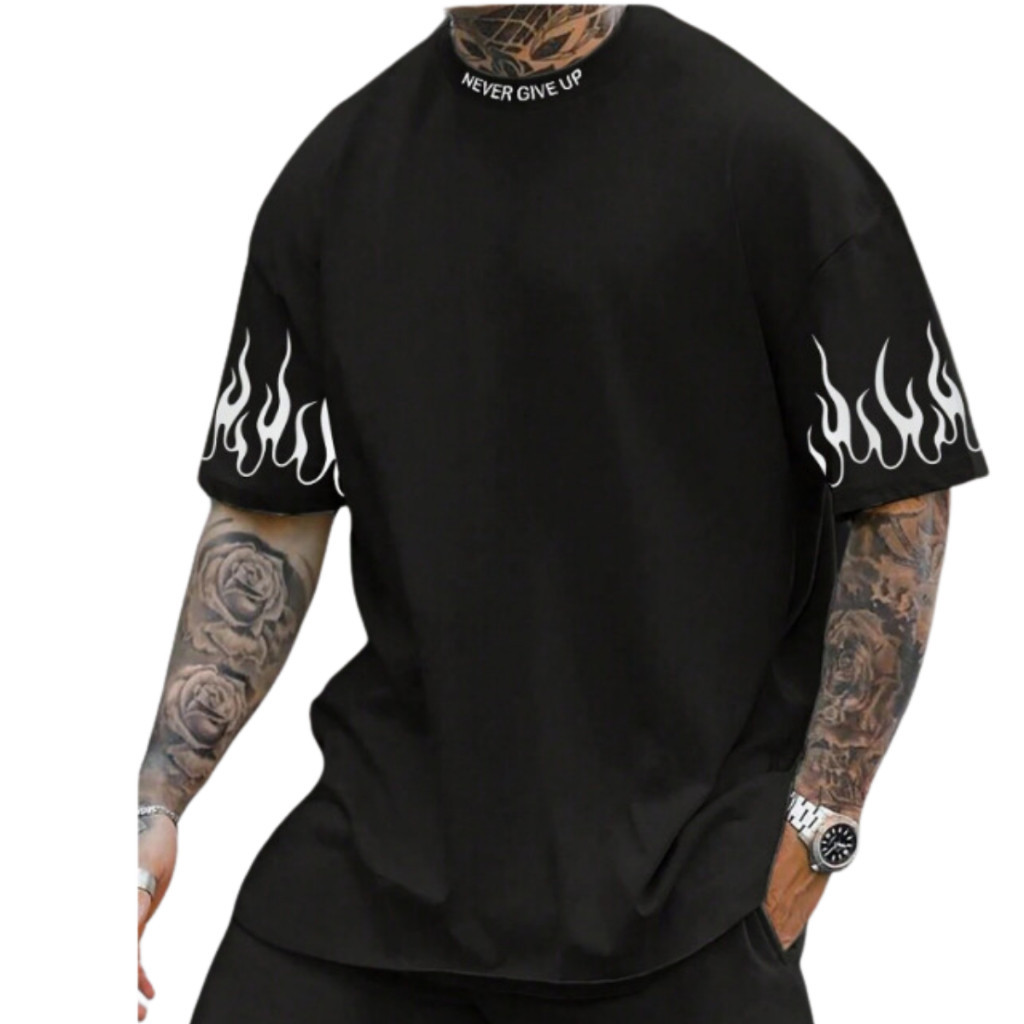 Camiseta Oversized Mangas Fogo Maculina Estampada Streetwear Grande