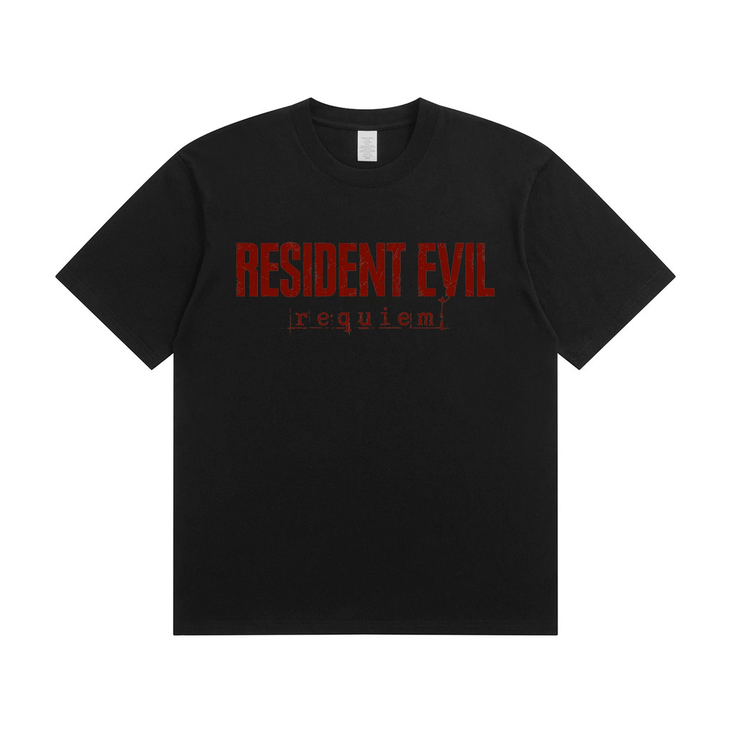 Camiseta Masculina Oversized Letras Resident Evil Requiem Desgastado Atmosfera Macabra Confortável Moda Urbana Casual