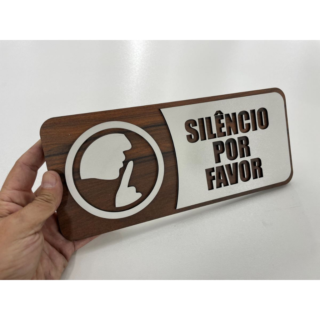 Placa Identificativa Silencio por Favor Feita em Madeira MDF Design Moderno