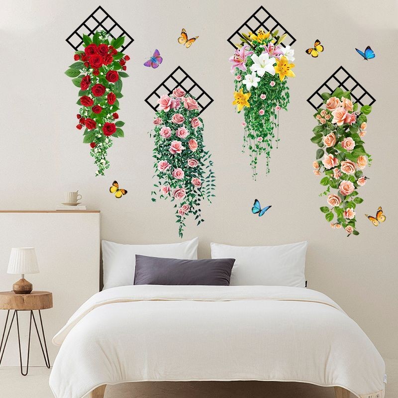Cesta de flores borboleta planta verde cesta de suspensão auto-adesivo decoração quente adesivos de parede sala de estar