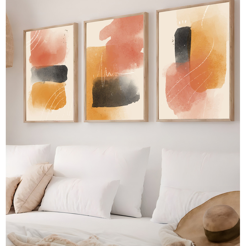 Kit 3 Quadros Aquarela Textura Tons Quentes Preto Laranja Abstrato Pintura Artística Moderna Decor