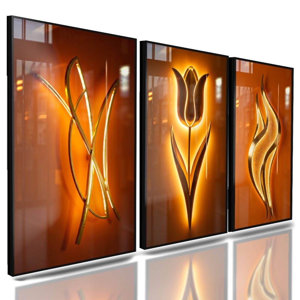 Quadros Decorativos 3 Peças Flores Flor Delicadas Em Tom Quente Neon Laranja Casa Sala Quarto Decoração Hall