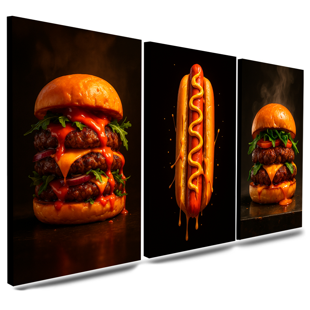 Quadros Decorativos 3 Peças Lanchonete Lanches e Cachorro Quente Gourmet Realista Casa Sala Quarto Decoração Hall