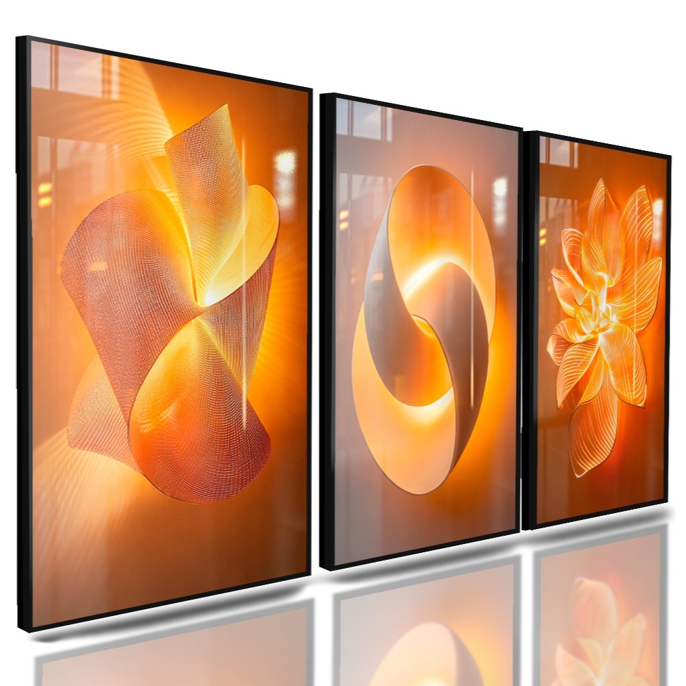 Quadros Decorativos 3 Peças Formas Abstrato Cores Quentes Neon Laranja Casa Sala Quarto Decoração Hall
