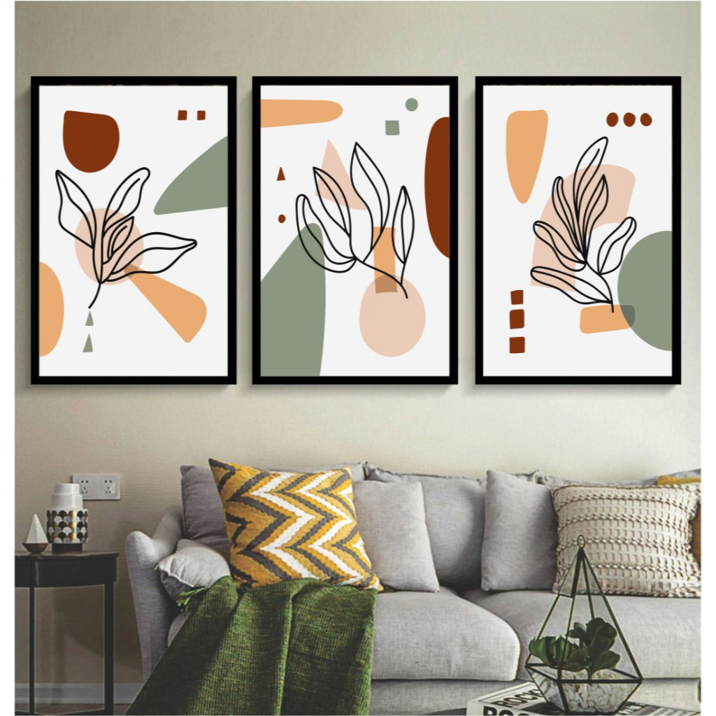 kit 3 quadros decorativos arte moderna minimalista boho tons quentes cores fortes abstrato minimalista decoração terracota com molduras