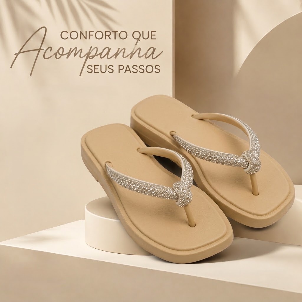 Chinelo Feminino Elegance Bege Com Brilho Design Moderno Leve E Macio Para O Seu Máximo Conforto
