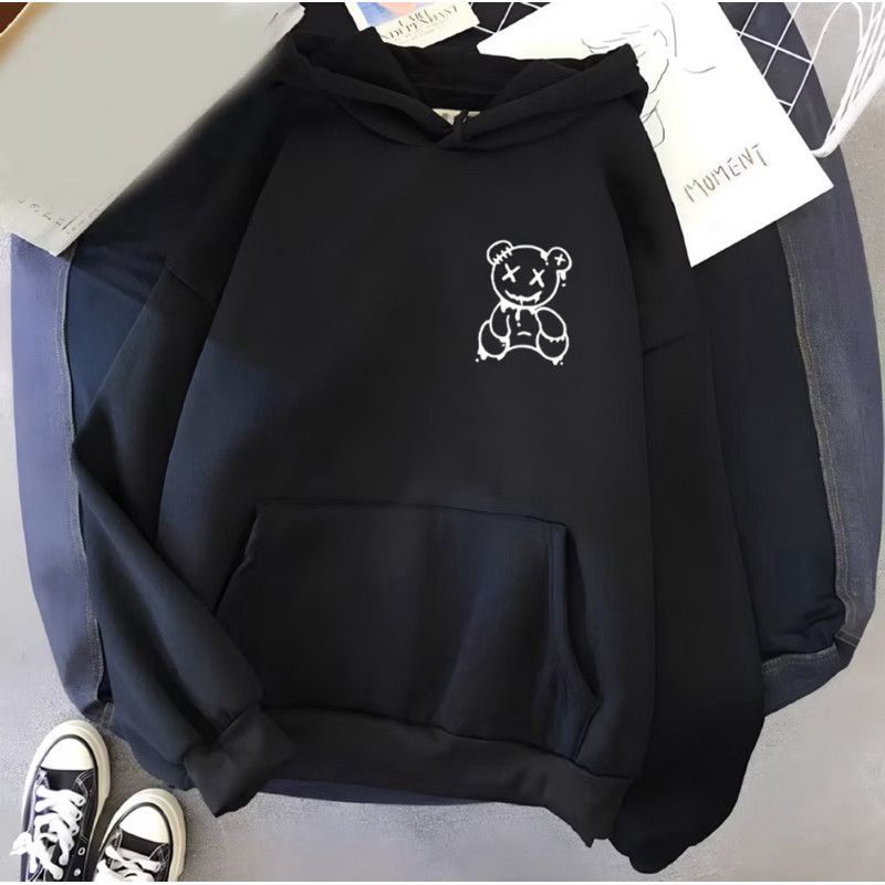 Blusa Moletom Canguru Feminino Unissex Flanelado Algodão Estampado Capuz Inverno Preto Urso