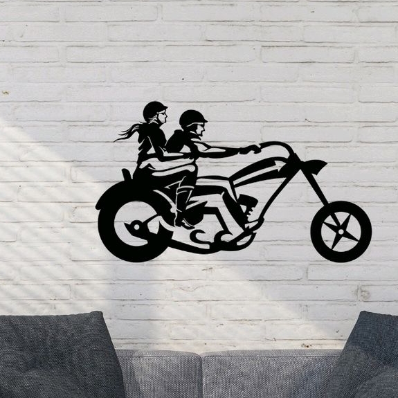 Quadro Decorativo Casal Motociclista Moto MDF 3mm Aplique de Parede Vazado Decoração Sala Quarto