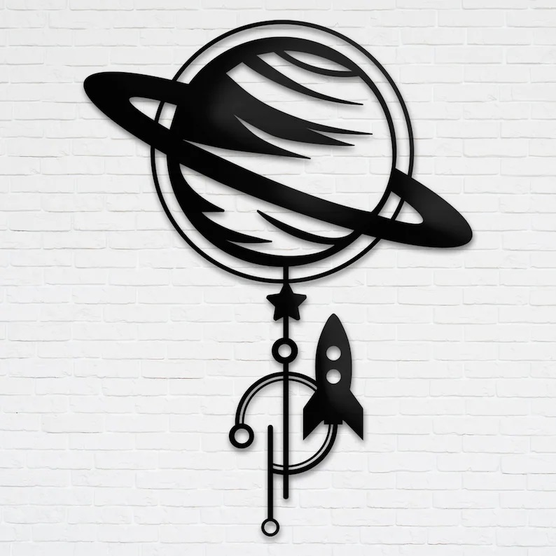 Quadro Decoração Espacial Sala Quarto Cozinha Escritório Aplique De Parede Vazado Planeta Saturno Madeira Mdf 3mm
