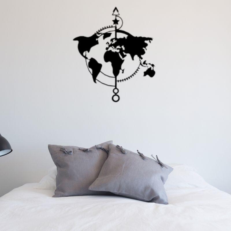 Quadro Decorativo Mapa-Múndi Flecha Circular MDF 3mm Aplique de Parede Vazado Sala Quarto Escritório