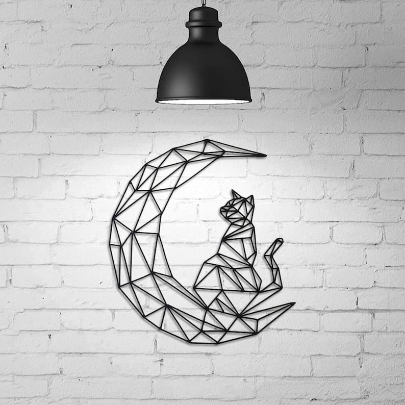 Quadro Decorativo Sala Quarto Cozinha Aplique de Parede Vazado Decoração Animais Gato Geométrico na Lua Madeira Mdf 3mm