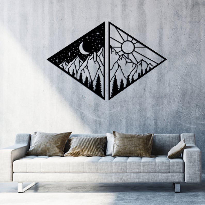 Quadro Decoração Montanhas Dia E Noite Sala Cozinha Quarto Escritório Montanhas Sol e Lua Dia Madeira Mdf 3mm