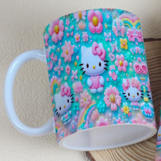 Caneca estampada personagem Hello Kitty 3D com flores