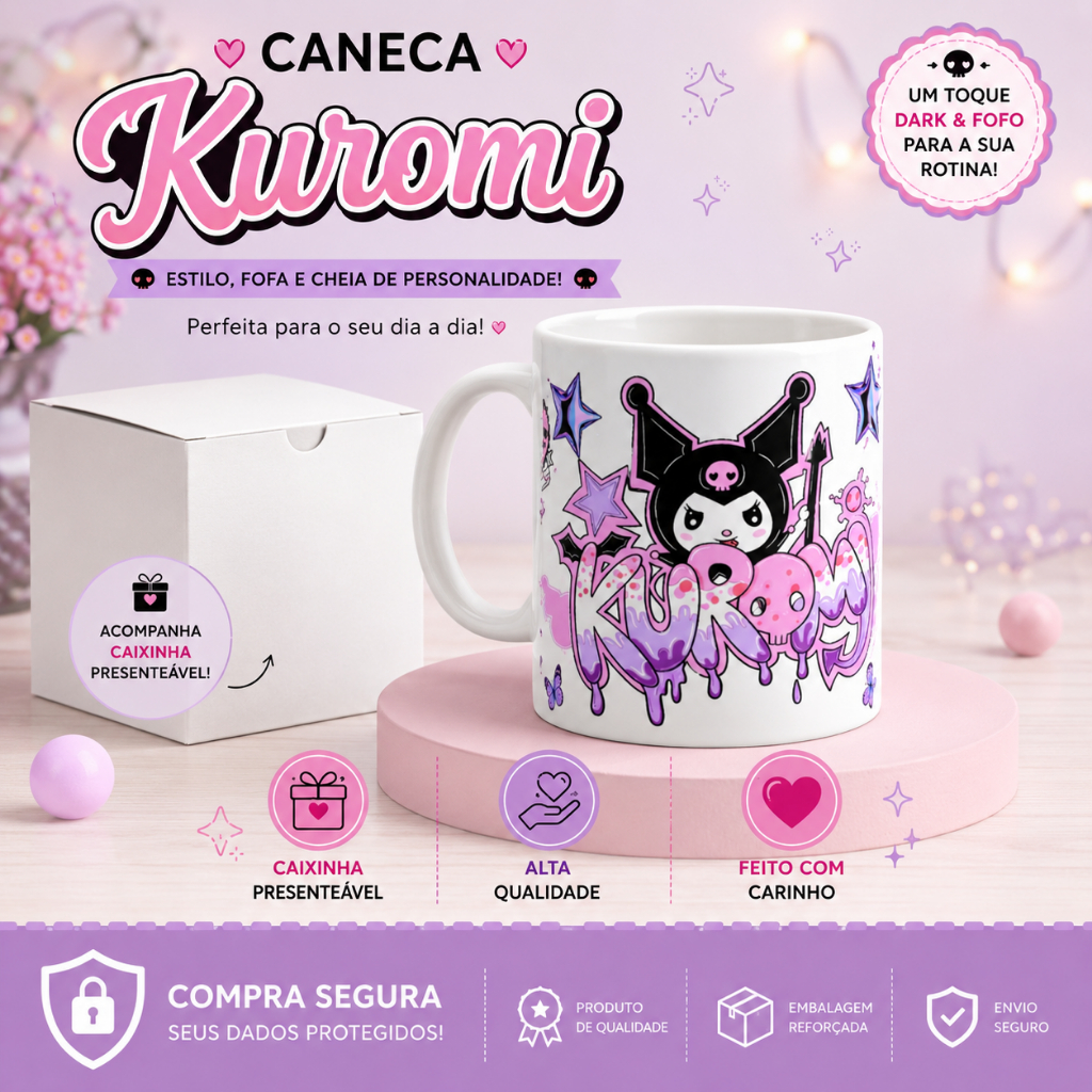 Caneca kuromi hello kitty Retrô 325ml – Presente Criativo Porcelana Premium Personalizada cafe chá