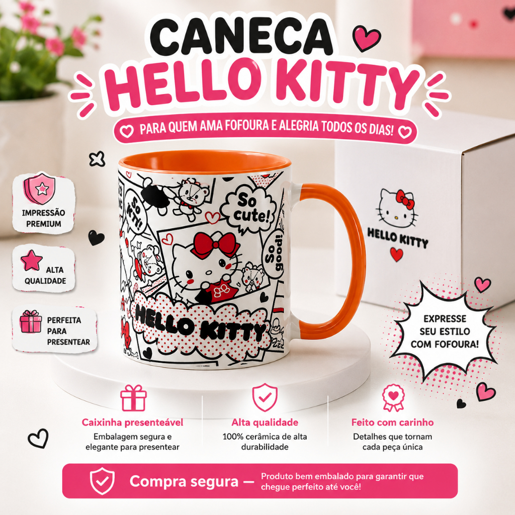 Caneca vintage pop Hello Kitty  Presente Criativo Premium Personalizada Xicara Cafe Cha Kuromy