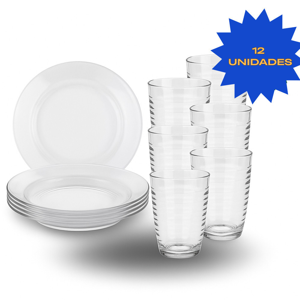 Kit De Prato Fundo 22cm e 6 Copos de Vidro Arizona Transparente Grosso Jogo De 12 Unidades