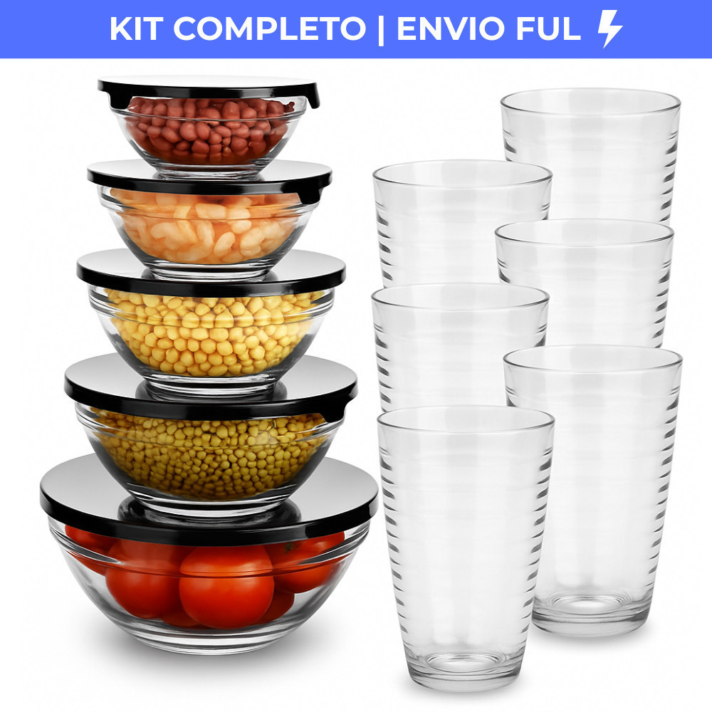 Kit Conjunto De Potes 5 Peças Vidro Hermeticos e 6 Copos Arizona 200ml Transparente Cozinha