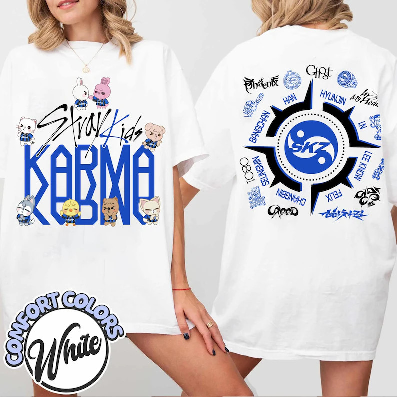 Camiseta Masculina Feminina Oversized Estampa Stray Kids Karma SKZOO Personagens e Símbolo SKZ Frente e Verso T-shirt