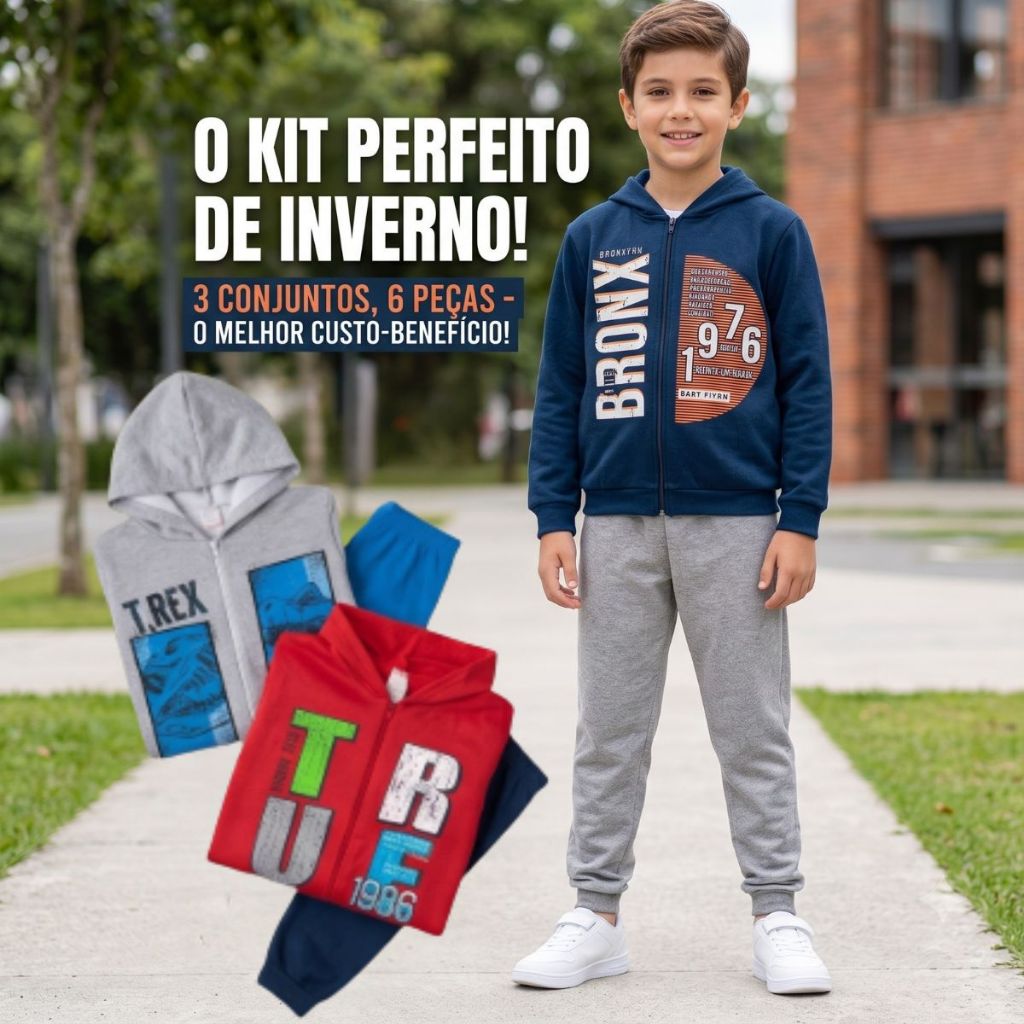 Kit 3 Conjuntos Moletom Menino Infantil Peluciado Inverno 6 Peças Capuz 10 a 14 Anos Roupa de Frio