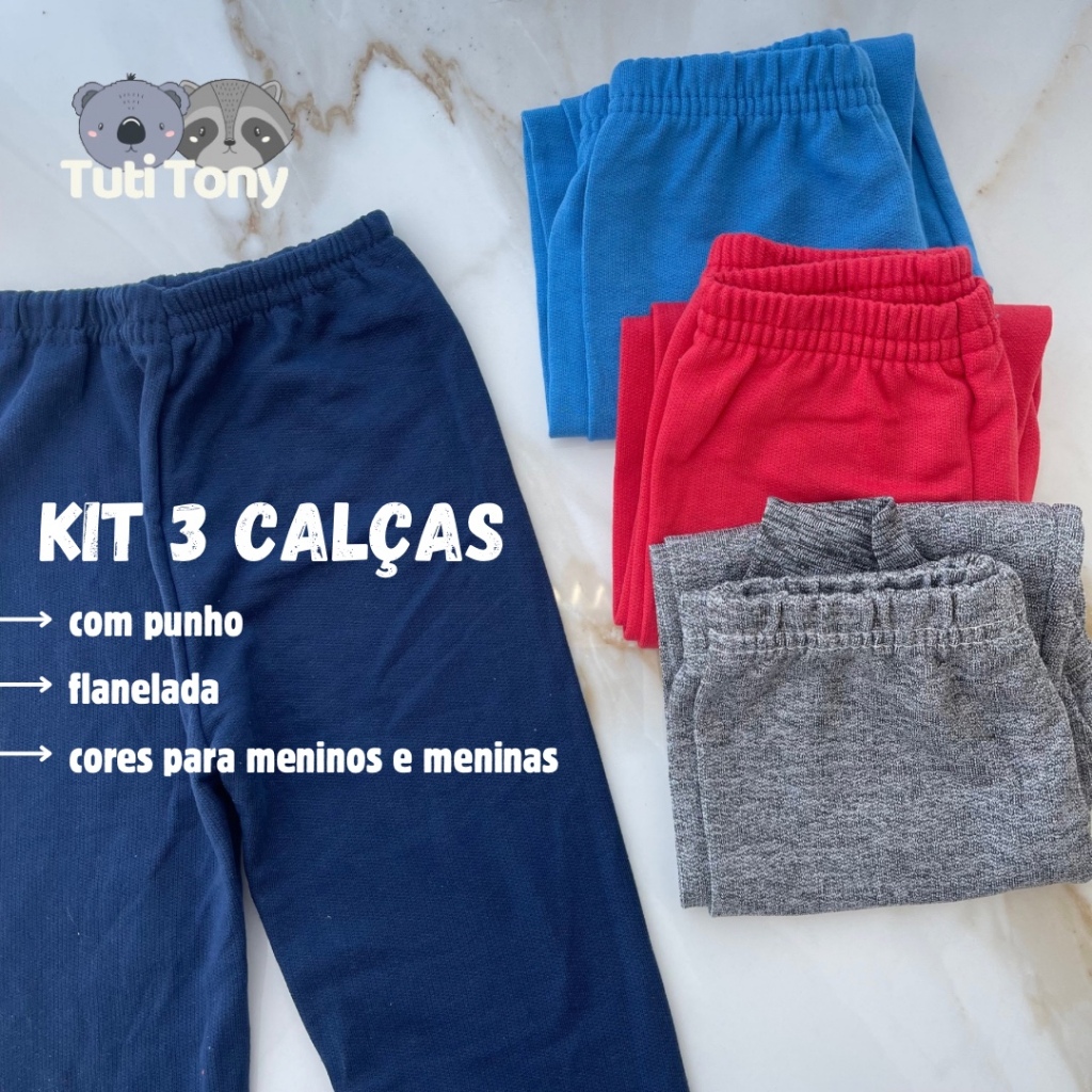 Kit 3 Calça Moletom Infantil E Juvenil Menino E Menina Com Punho Peluciada Flanelada