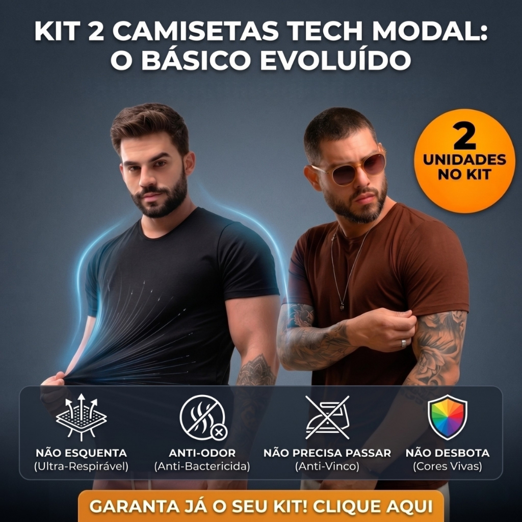 Kit 2 Camiseta Elastano Tech Modal Masculina Basica Trabalho Balada Festa Não Desbota Não Amassa Anti Odor