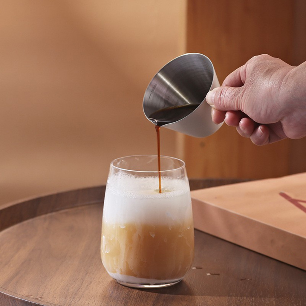 Espresso Steaming Pitcher Milk Frothing Cup Stainless Steel Measuring 100ml with Handle Scale Mark Easy Grip Coffee for