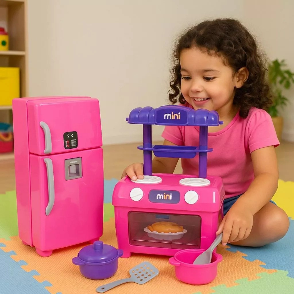 Brinquedo Infantil Freezer e Cooker Comidinhas Botões giratórios Imaginação Conjunto completo