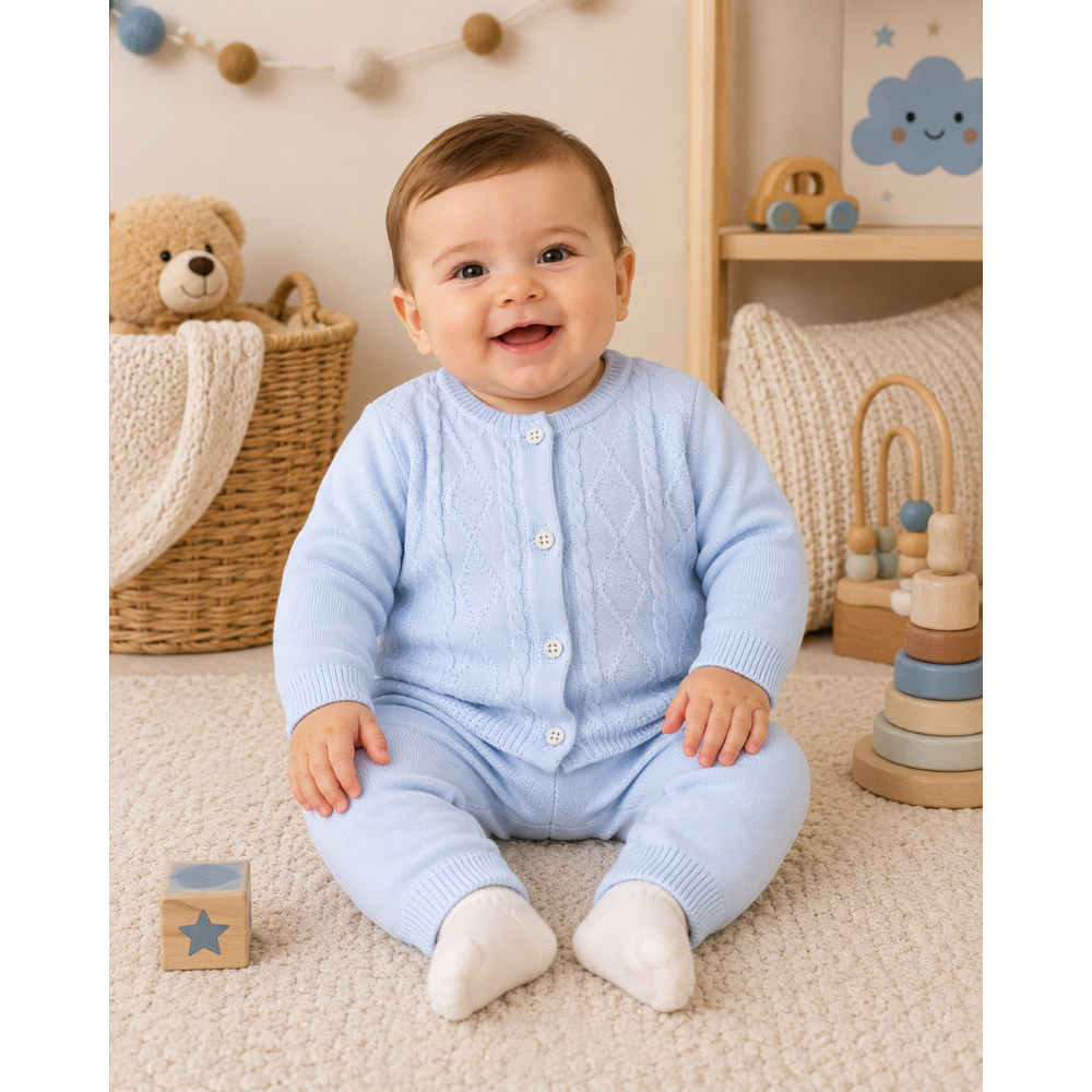Conjunto Bebê Menino Menina Tricô Inverno Quentinho Casaco Botão e Calça com Bolso Infantil Macio Luxo