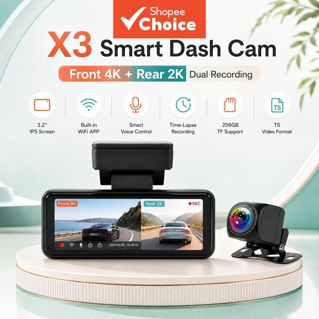 Xfy X3 4k + 2k Dual Dash Cam 3.2 Polegadas Ips WIFI App Controle De Voz Time-lapse 256gb Suporte