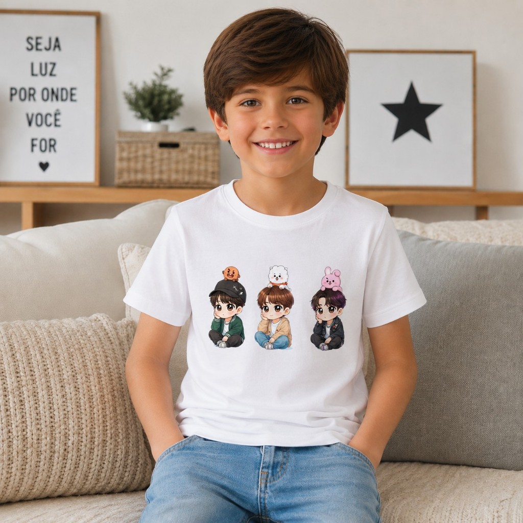 Camiseta Infantil Premium – Estampa Cute K-Pop Chibi Boys 100% algodão menino e menina