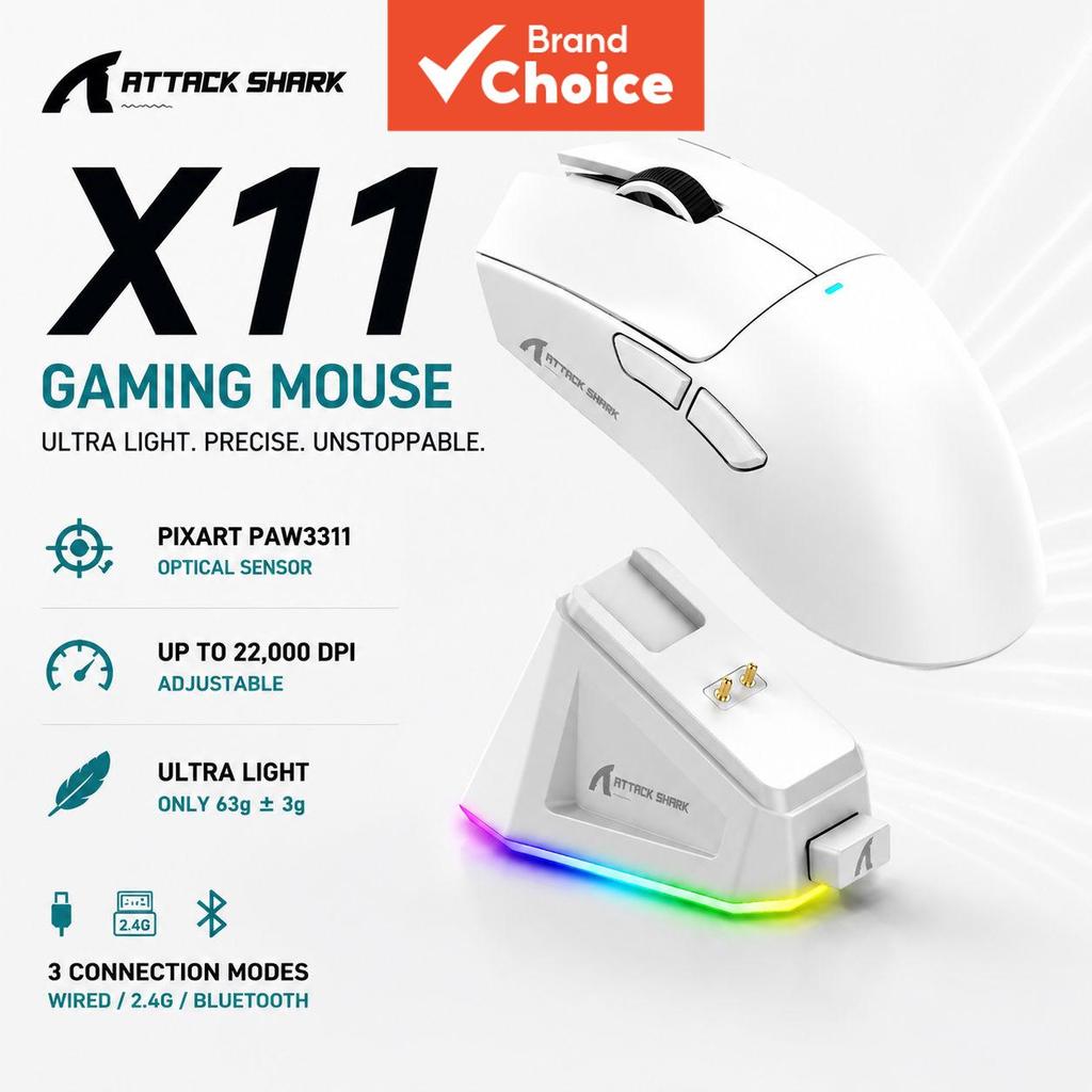 Mouse Gamer Sem Fio Tri-Modo Attack Shark X11 PAW3311 22000DPI RGB Recarregável