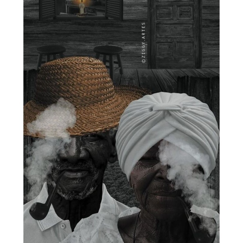 QUADRO DECORATIVO PLACA MDF-PRETO VELHO VOVÔ E VOVÓ FUMANDO COM SEU CACHIMBO