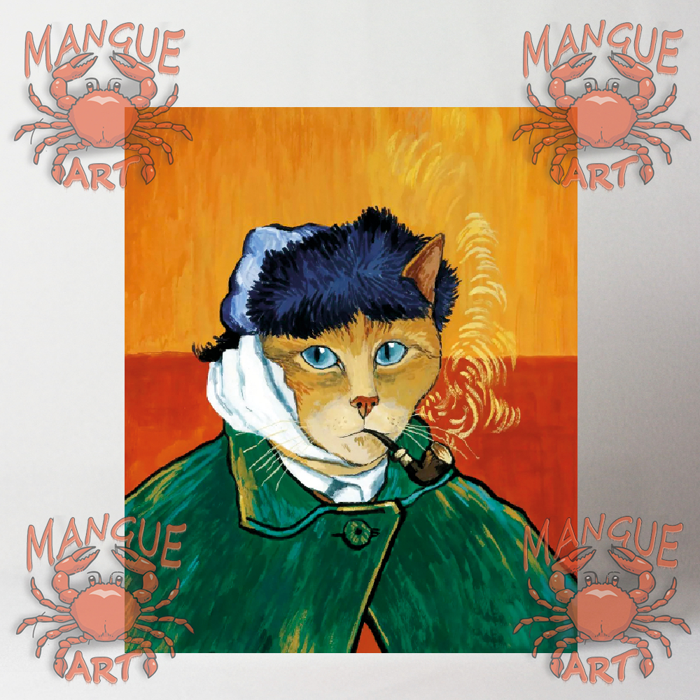 Quadro tela Van Gogh Auto retrato com rosto de gatinho  bandagem cachimbo