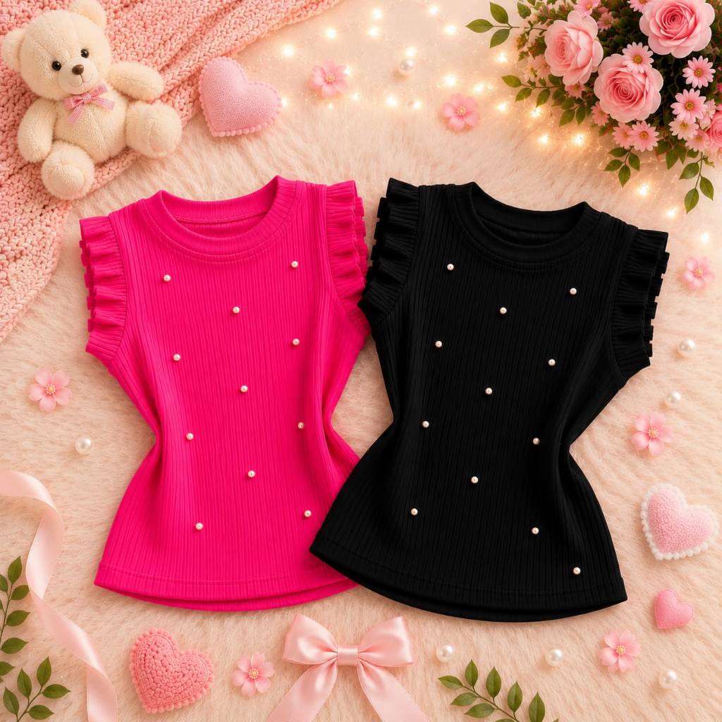 Kit 2 Blusas Infantil Feminina Pérolas Manga Babado Malha Canelada infantil Menina regata verão