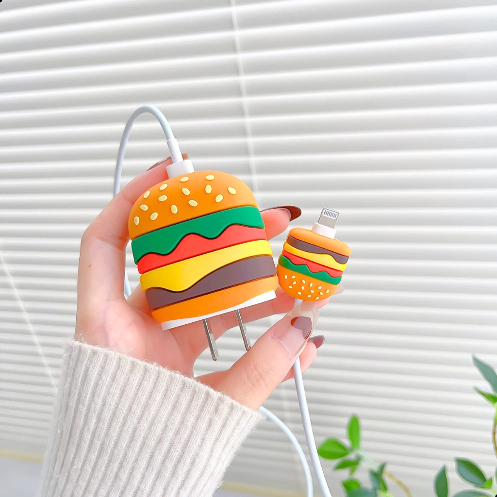 Kit Protetor De Cabo E Carregador Celular Iphone 20W design hamburguer 3D Anti Quebra Espiral