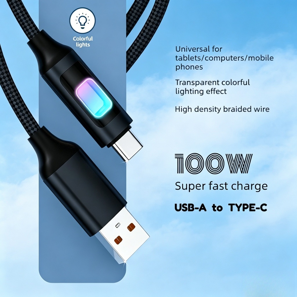 Com luz de carregamento 100W cabo de carregamento rápido tipo-c para tipo-c 1m adequado para celular Tablet cabo de carr