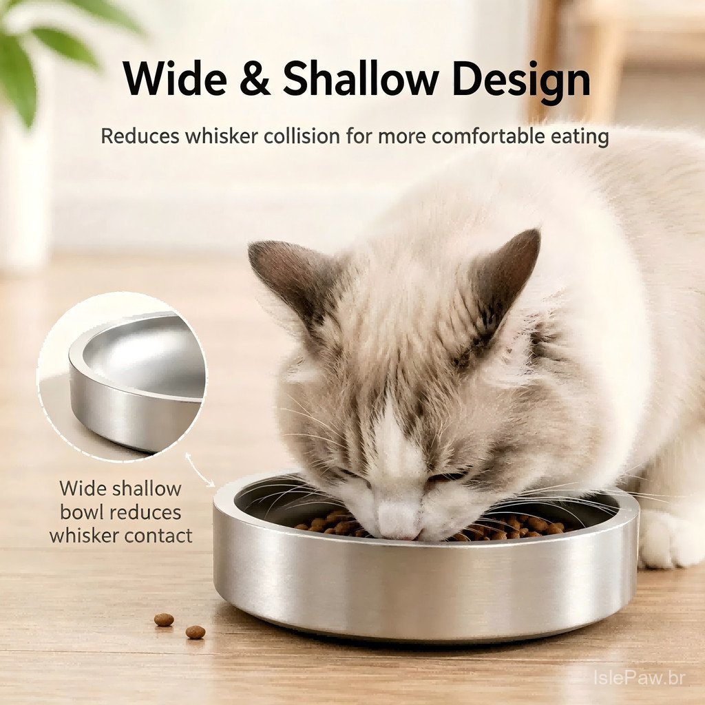 Tigela para Gatos em Aço Inoxidável 304 com Base Antiderrapante, Design Raso e Largo, Tigela Anti-Quebra para Comida e Á