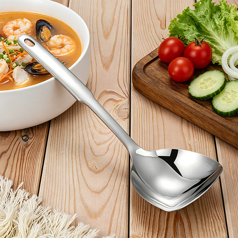 Colher De Sopa Com Cobertura Plana De Aço Inoxidável , Alça Longa , Gancho , Concha Aprofundada , Cozinha , 27.3cm