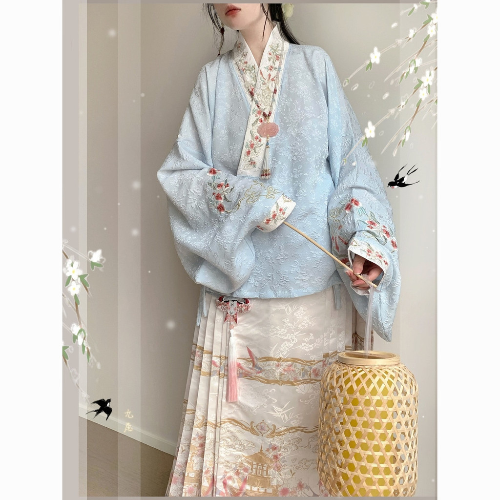 Flor gola manga Eclectic Hanfu saia Original camisa curta cruz Hanyang Ming bêbado terno Pipa Xima outono inverno rosto