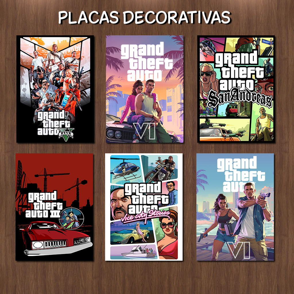 Placa Quadro Decorativo Grand Theft Auto San Andreas Vice City GTA VI 20x8.5cm
