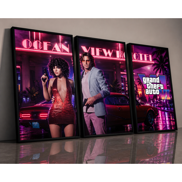 Quadros Decorativos GTA VI Vice Vintage 3 Peças Alta Resolução Mdf Quarto Gamer