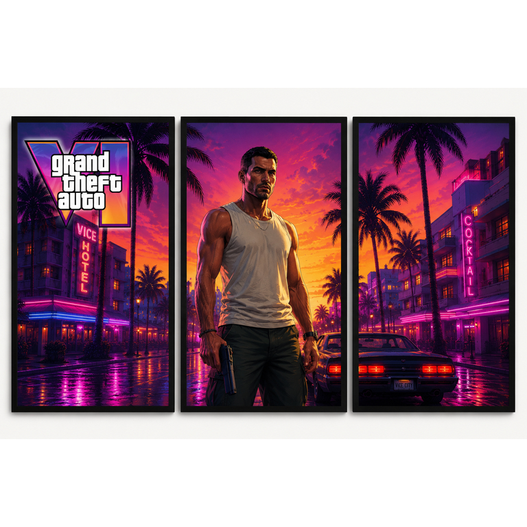 Quadro Decorativos 3 Peças Gta VI Jason Vice City Quarto Gamer Sala