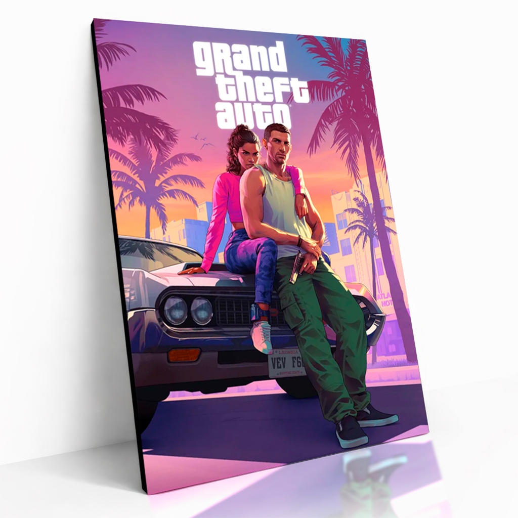 Quadro Decorativo GTA 6 Grand Theft Auto VI Casal e Carro Vice City para Quarto Gamer