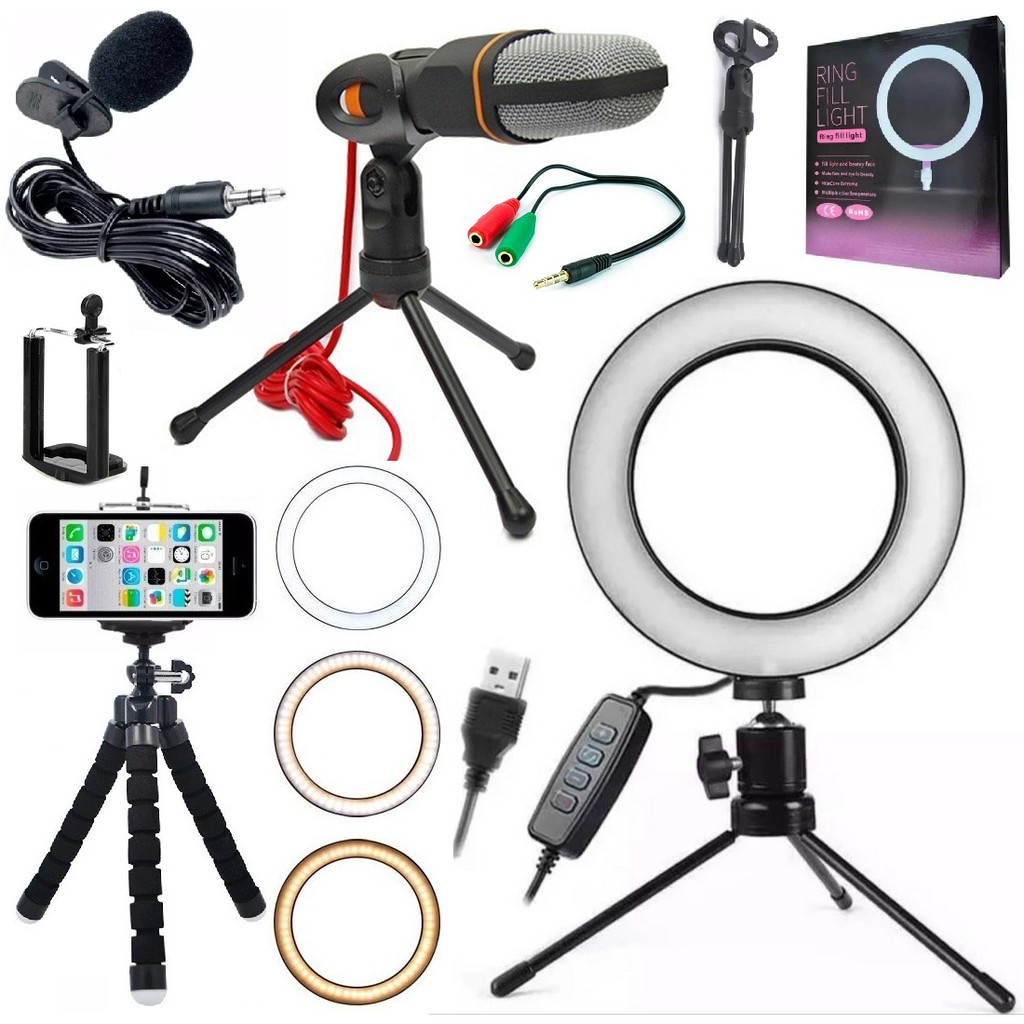Kit Youtuber Mini Tripé Flexível Câmera Celular Suporte + Microfone Condensador de Mesa Profissional Lapela + Anel Led Ring Light Iluminador Flash Luz Continua Portátil Foto Vídeo Vlog Makeup Original Universal Iphone Android