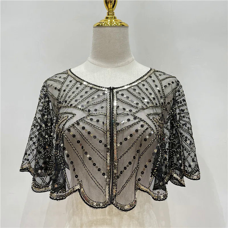 Vintage 1920s Flapper Shawl Sequin Beaded Short Cape Decoração Gatsby Party Malha De Cobertura Curta Acessório De Vestido