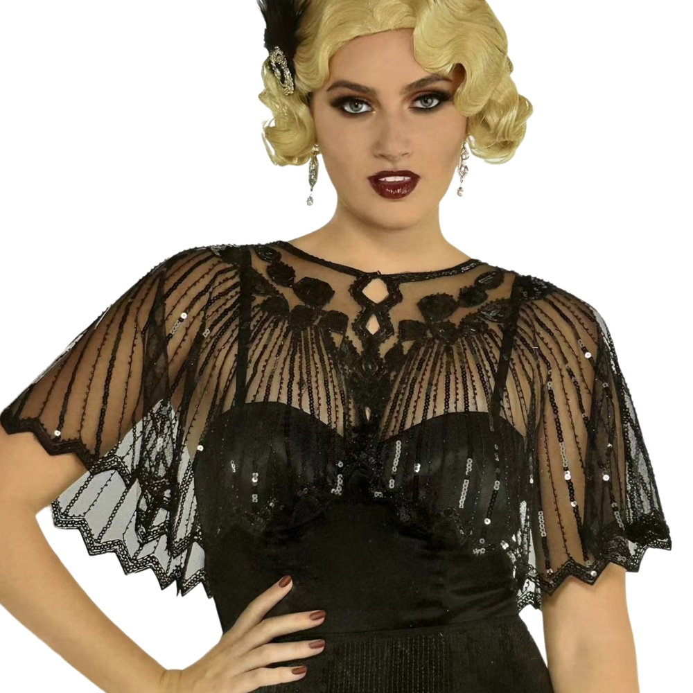 Vintage 1920s Flapper Shawl Sequin Beaded Short Cape Decoração Gatsby Party Malha De Cobertura Curta Acessório De Vestido