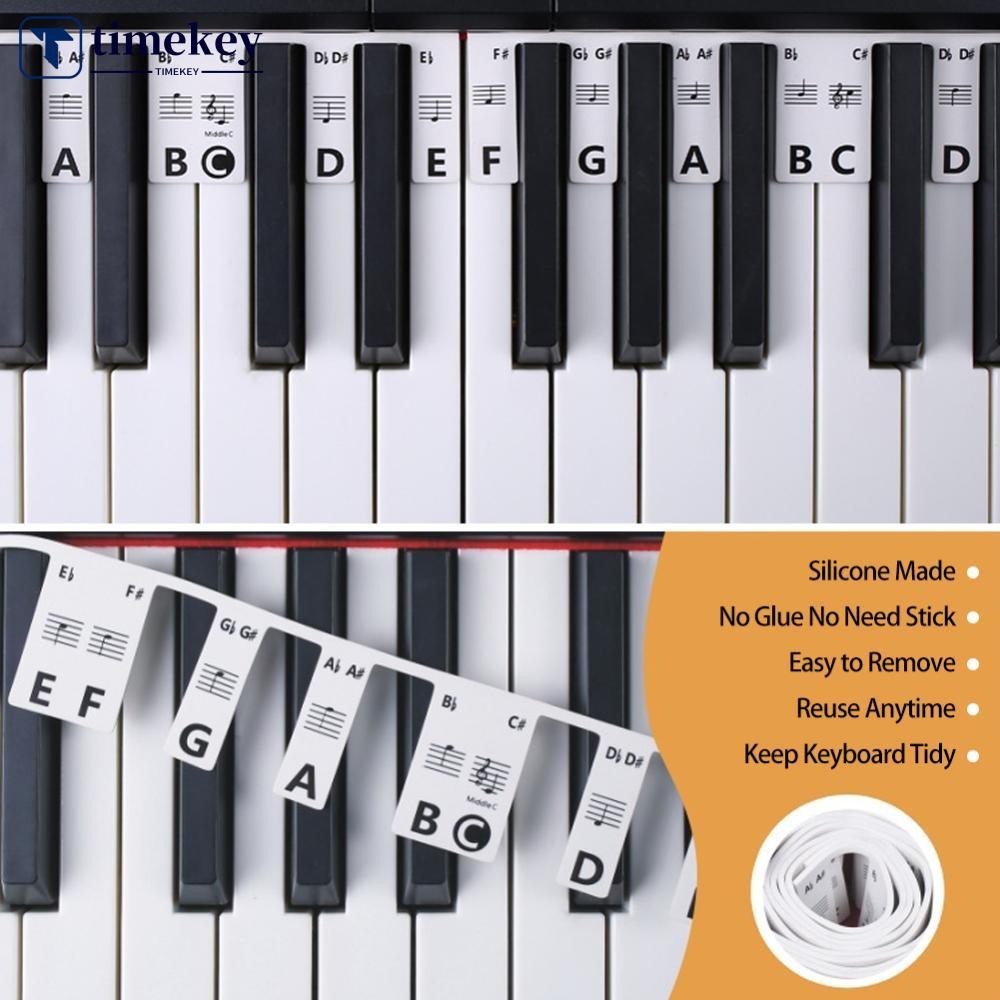 TIMEKEY 88/61 Teclas Reutilizáveis De Silicone Para Teclado De Piano , Etiquetas De Guia , Adesivo De Sobreposição Remov