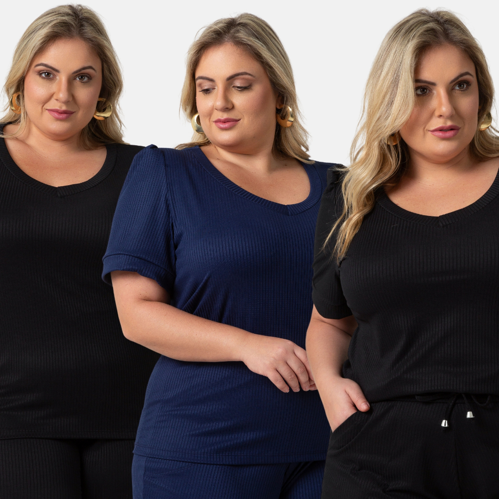 Kit 3 Blusas Canelada Plus Size Manga Curta Em Decote V Casual Moderna 1211-K3