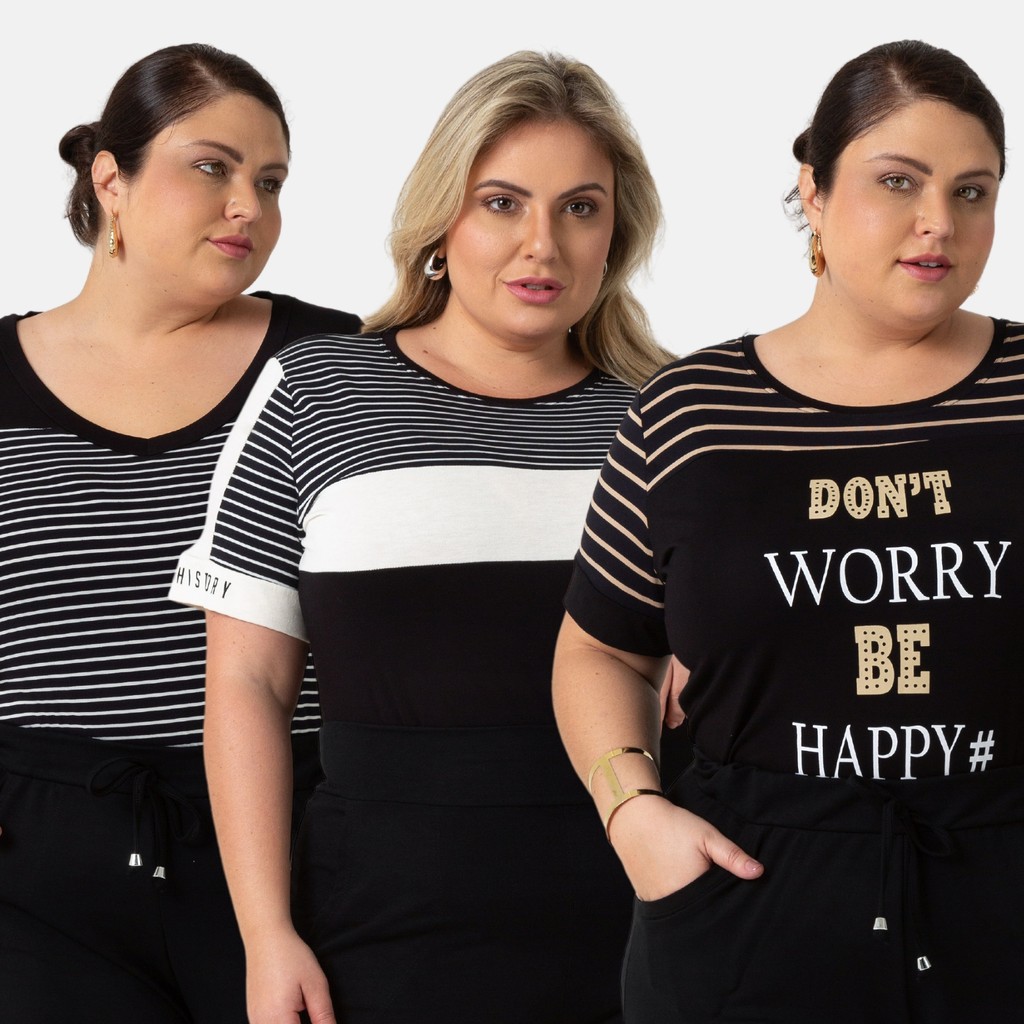 KIT 3 BLUSA FEMININA MODA PLUS SIZE CONFORTÁVEL MODERNA 103775-C1